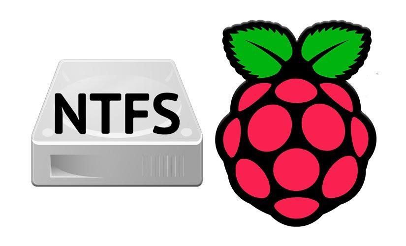 Logo de Raspberry Pi con icono de disco duro con las letras NTFS