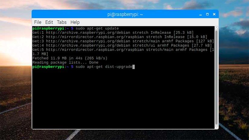 Terminal ejecutando la actualización de Raspbian