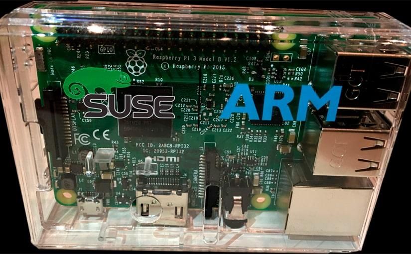 Logos de openSUSE y ARM en una caja de una Raspberry Pi