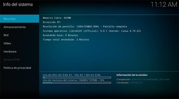 Pantalla de información de sistema donde se indica la IP de la Raspberry Pi en Kodi