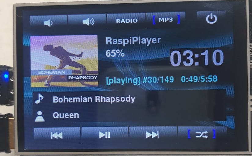 Reproductor MP3 RaspiPlayer reproduciendo Bohemian Rapshody de Queen