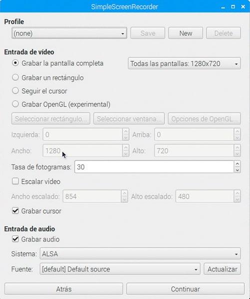 SimpleScreenRecorder mostrando la configuración de vídeo y audio