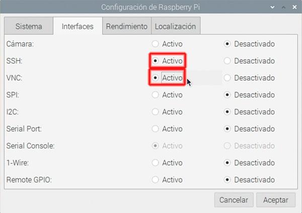Configuración de Raspberry Pi con las interfaces SSH y VNC activadas