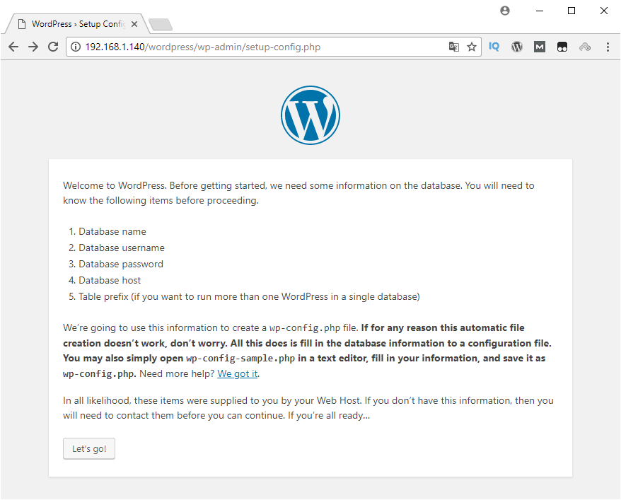 Asistente de instalación de WordPress en nuestro servidor web montado en una Raspberry Pi