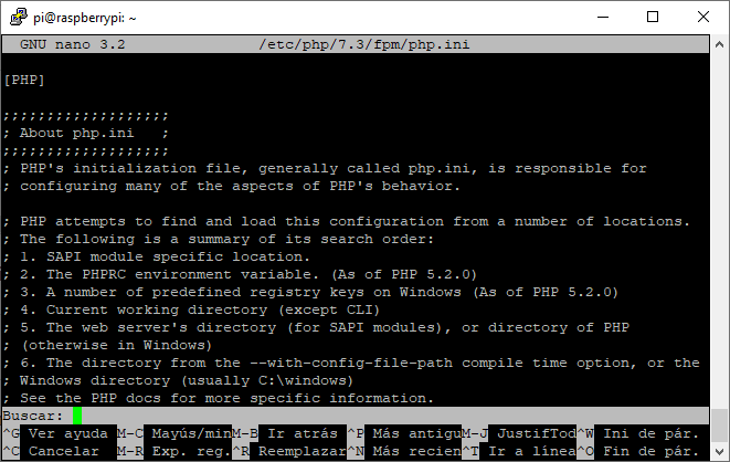 Editando la configuración de PHP con nano
