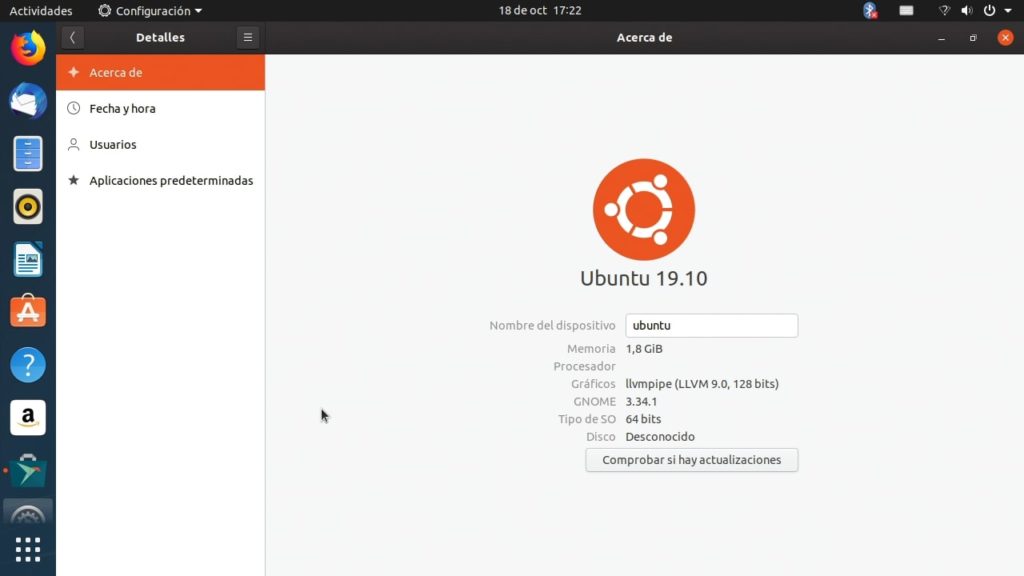 Gnome 3.34 ejecutado en Ubuntu 19.10 en Raspberry Pi 4