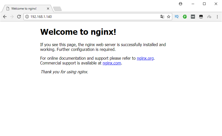 Navegador web Chromium cargando la página por defecto del servidor web NGINX en una Raspberry Pi