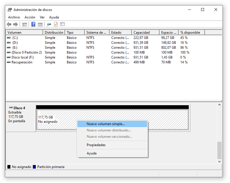 Creando una nueva partición con la administración de discos de Windows 10