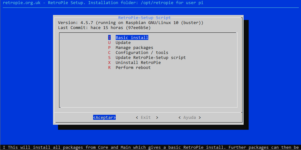Menú del asistente de configuración de RetroPie