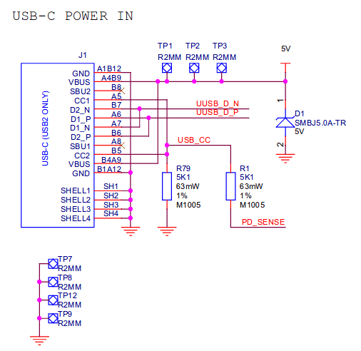 Diagrama parcial del USB-C de la Raspberry Pi 4