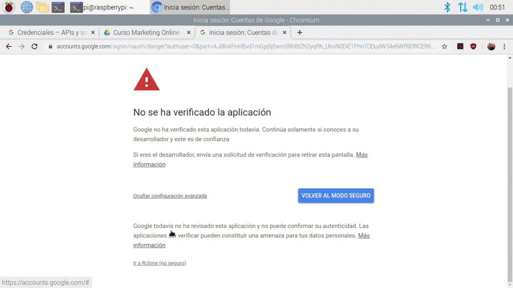 Mensaje de aplicación sin verificar para Rclone