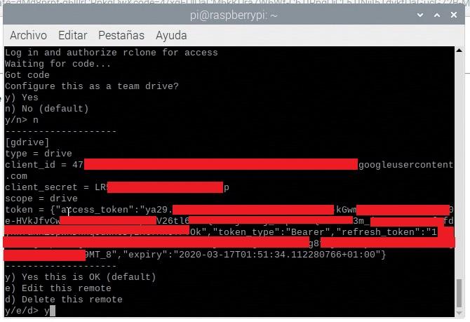 Pantalla final de la configuración de Rclone