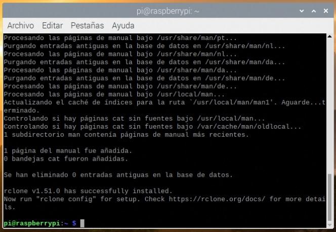 Terminal después de instalar rclone