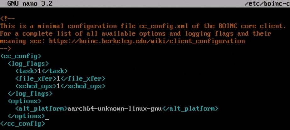 Archivo de configuración de BOINC modificado para poder usar una Raspberry Pi en el proyecto Rosetta@Home