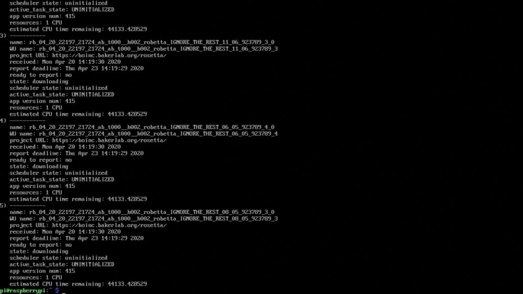Tareas de BOINC funcionando en una Raspberry Pi 4