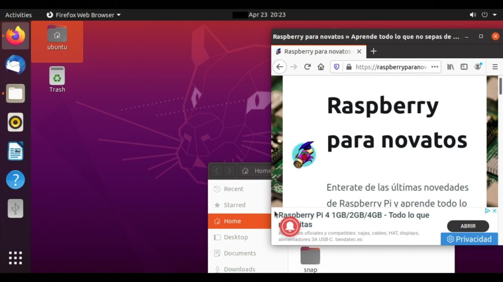 Ubuntu con el escritorio de Gnome funcionando en una Raspberry Pi 4
